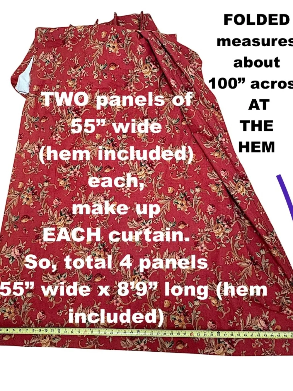 French Country Custom Pleated Drapes Floral Baroque Scroll Red 2 @ 105